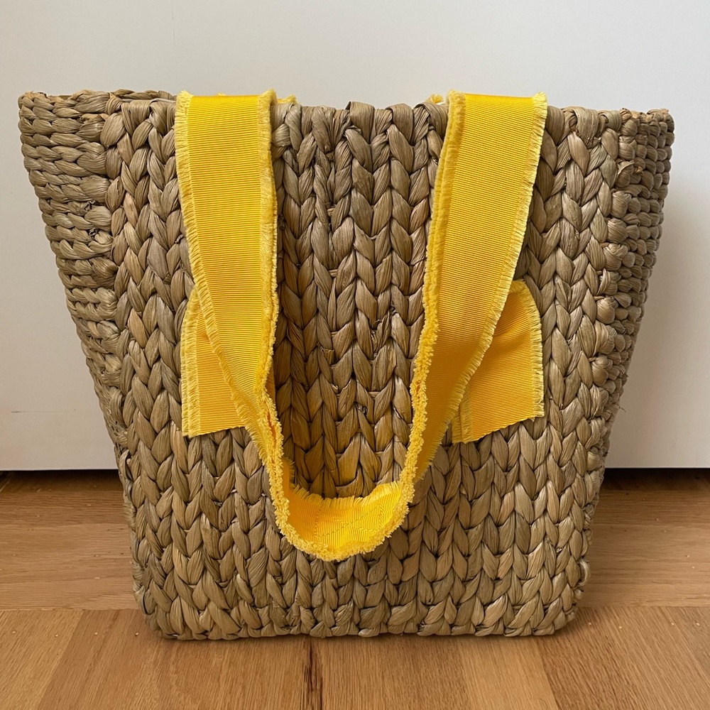 Pamela Munson Petite Island Bahia Fringe Woven Tote Bag, Yellow Straps, NWT